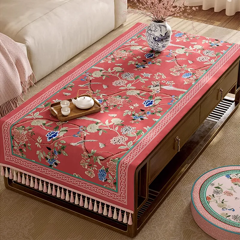Overhead view of vintage tablecloth fully covering table