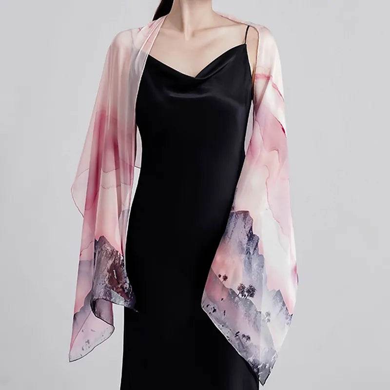 100% Mulberry Silk Ink Wash Landscape Design Long Scarf 180 x 50 Cm - SinoCultural -- LS076-1