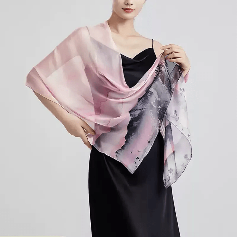 100% Mulberry Silk Ink Wash Landscape Design Long Scarf 180 x 50 Cm - SinoCultural -- LS076-1