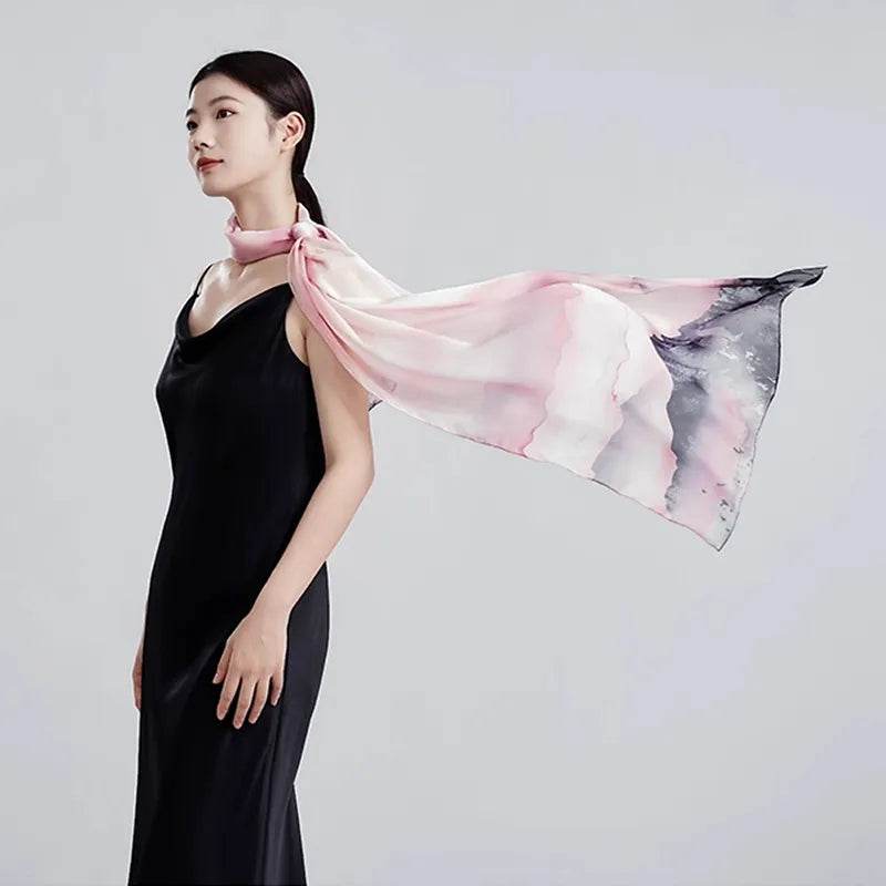 100% Mulberry Silk Ink Wash Landscape Design Long Scarf 180 x 50 Cm - SinoCultural -- LS076-1