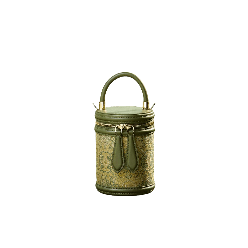Song Brocade Leather Bucket Cylinder Bag - SinoCultural -- P11017902G