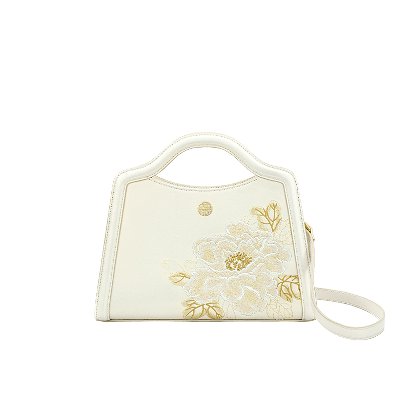 Embroidery Peony White Leather Tote Bag - SinoCultural -- P120432