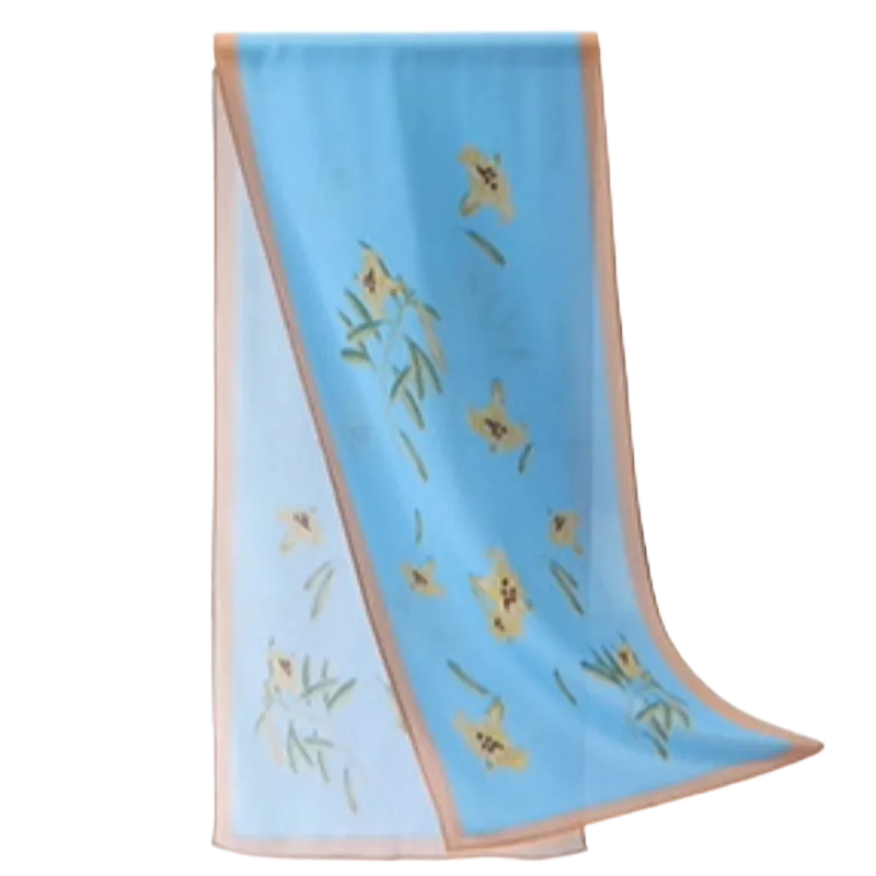 Blue Lily Poetic Blossom Mulberry Silk Long Scarf with yellow lily flowers, green leaves and contrasting border.
