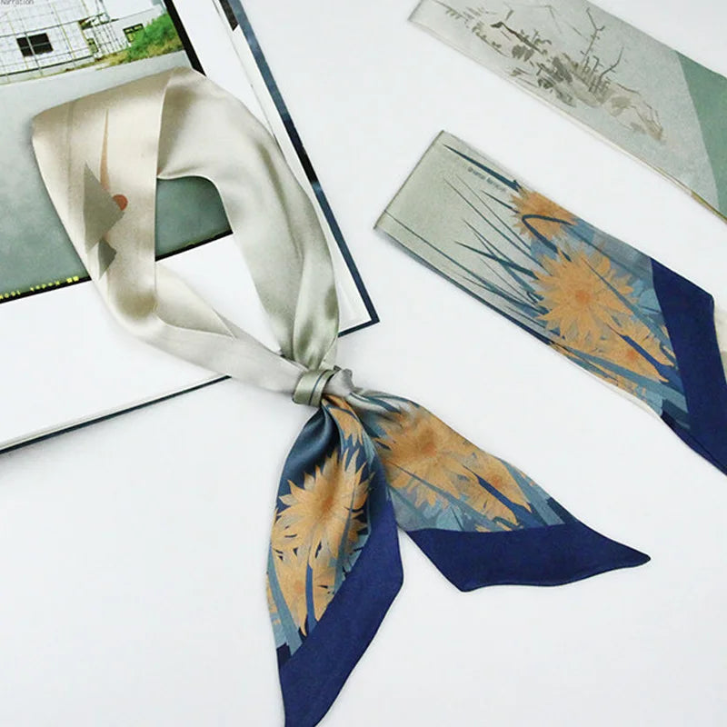 Flat lay of Chinese Poetic Landscape Print Mulberry Silk Twilly showing both Wuling Retreat and Cloud & Water pattern variations.