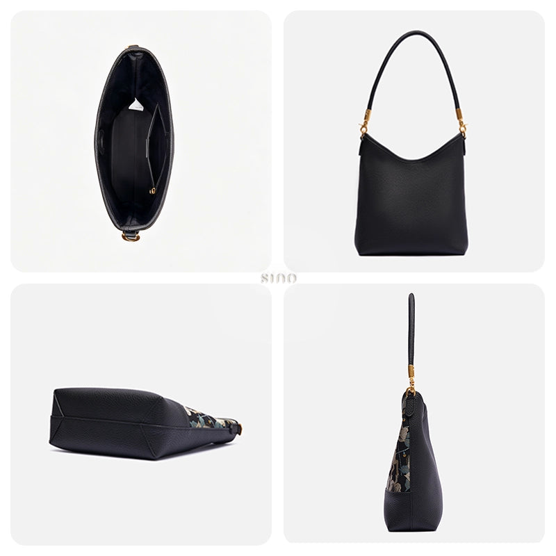 Interior, black leather back, structured base, and side profile of the Qilin Peony shoulder bag.