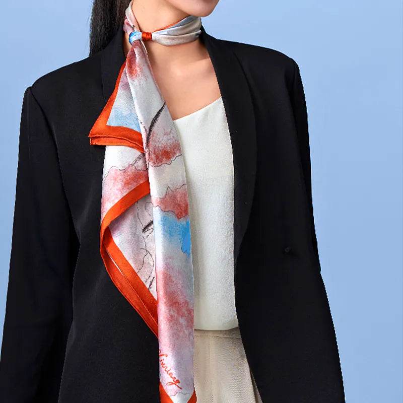 100% Mulberry Silk Watercolor Misty Lotus Square Scarf 70 x 70 Cm - SinoCultural -- SS023-1