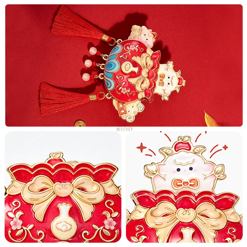 Close-up of a red Chinese New Year goat fridge magnet with a lucky pouch design, gold bow, auspicious motifs, and decorative sheep details.