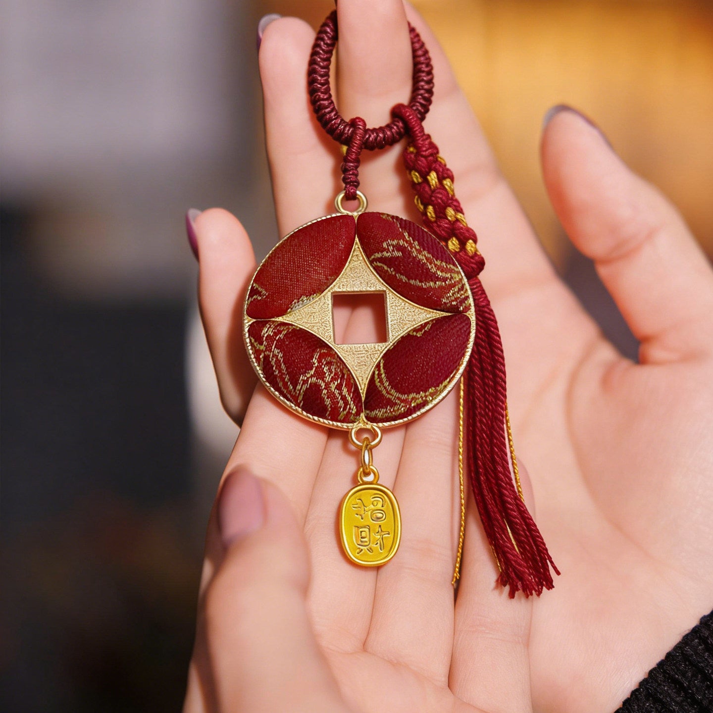 Handheld red Yunjin brocade Chinese coin-shaped bag charm with gold woven patterns, a burgundy tassel, and an auspicious wealth pendant.