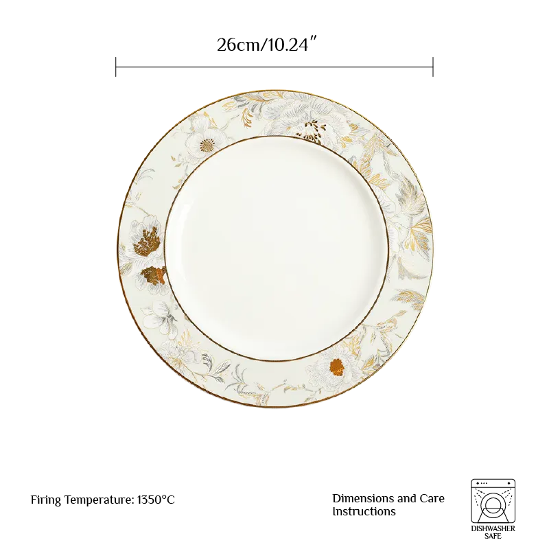 Dimension diagram: 26x26x1.8cm Chinoiserie Luxury Bone China Plate.