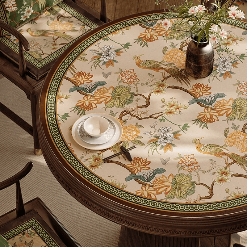 Chinoiserie Round Leather Placemat – Vintage Floral Dining Mat - SinoCultural -- TM063A50