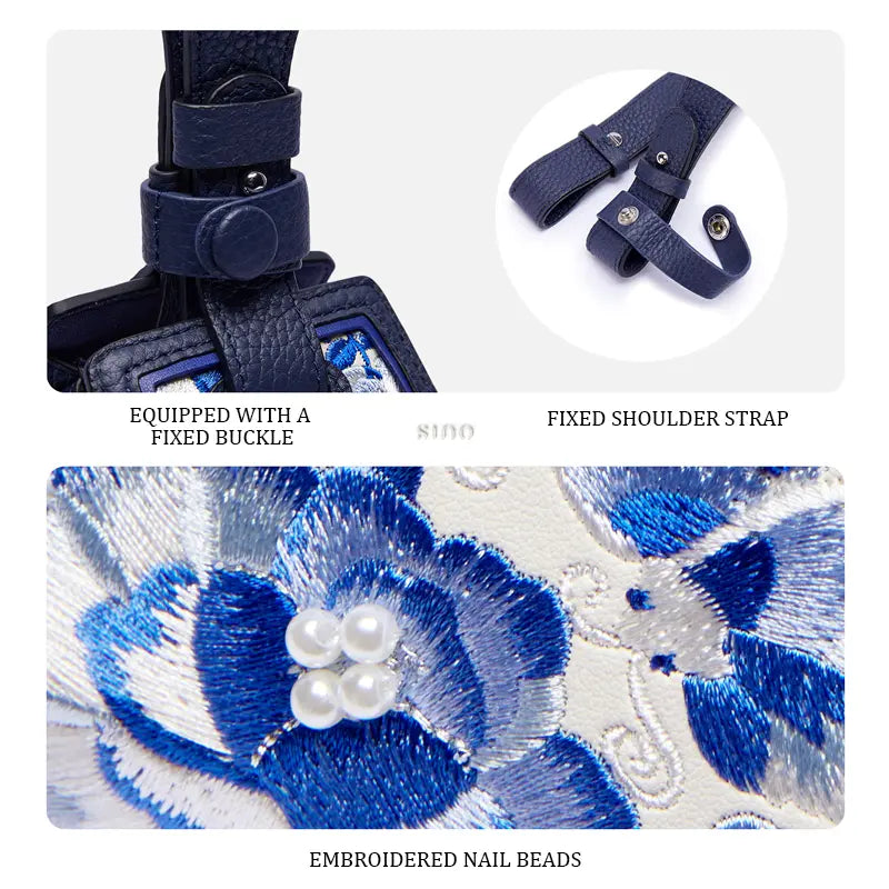 Buckle strap and beaded SANLAN floral embroidery details of the blue leather shoulder bag and Chinese handbag.