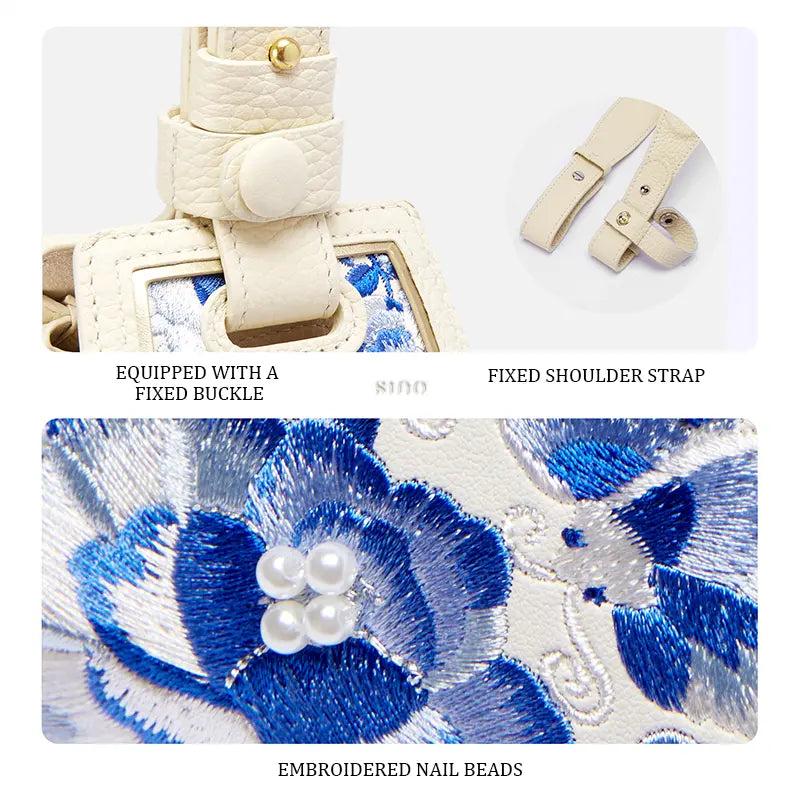 Strap buckle and beaded blue floral embroidery details of the SANLAN beige leather handbag.