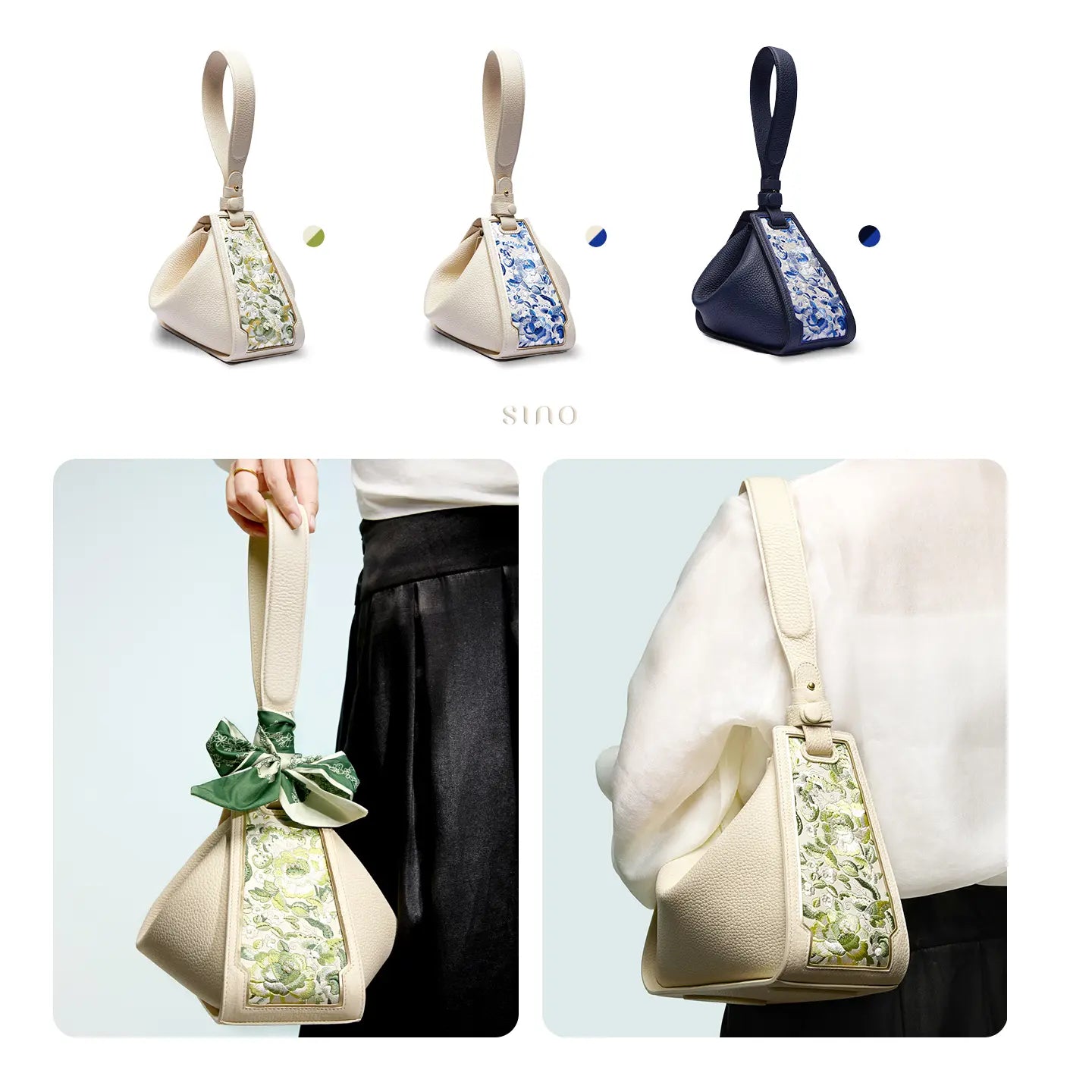 SANLAN green floral panel beige leather shoulder bag shown as a handbag with three available colorways.
