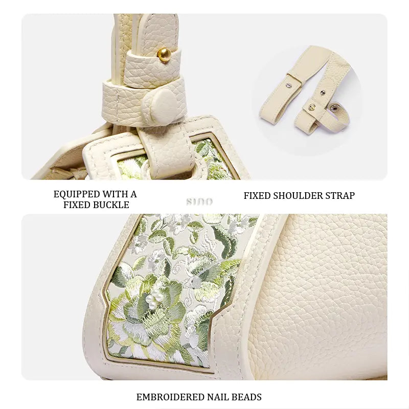 Buckle strap and beaded green floral embroidery details of the SANLAN beige leather handbag.