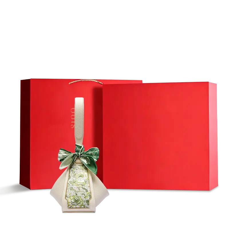 SANLAN embroidered green floral beige leather handbag displayed with premium red gift box packaging.