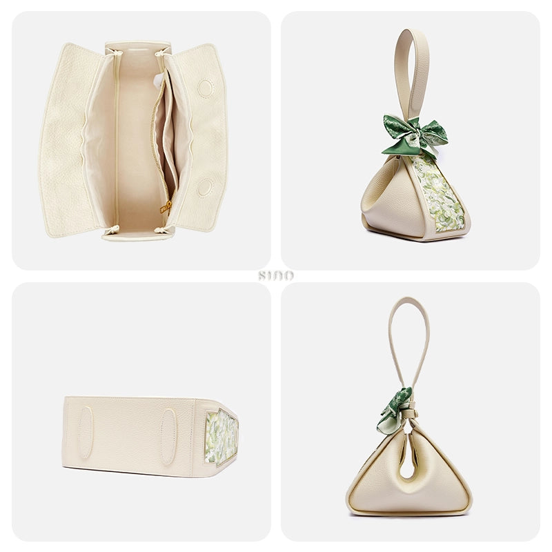 Interior base and convertible views of the SANLAN beige leather shoulder bag and Zongzi handbag.
