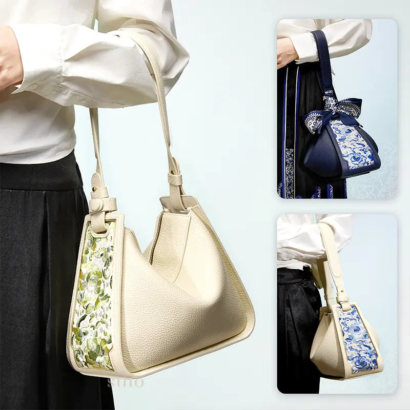SANLAN green floral panel beige leather shoulder bag shown with blue embroidered handbag colorways.