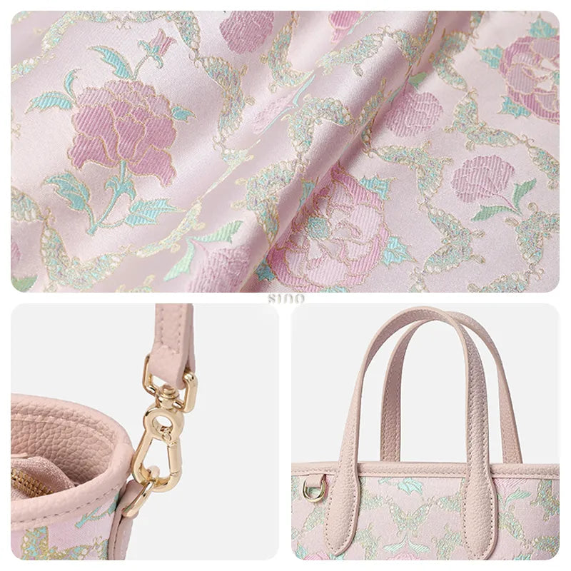 Close-up: Pink Shu brocade weave, hardware and leather strap.