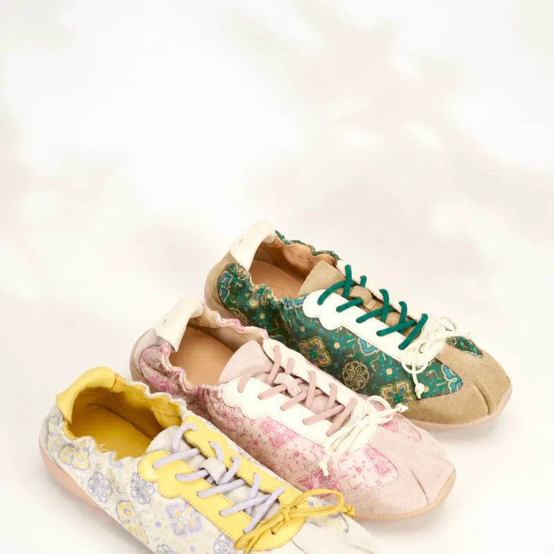 Shu Brocade ballet sneakers collection featuring traditional Chinese textile patterns in multiple colors for women.