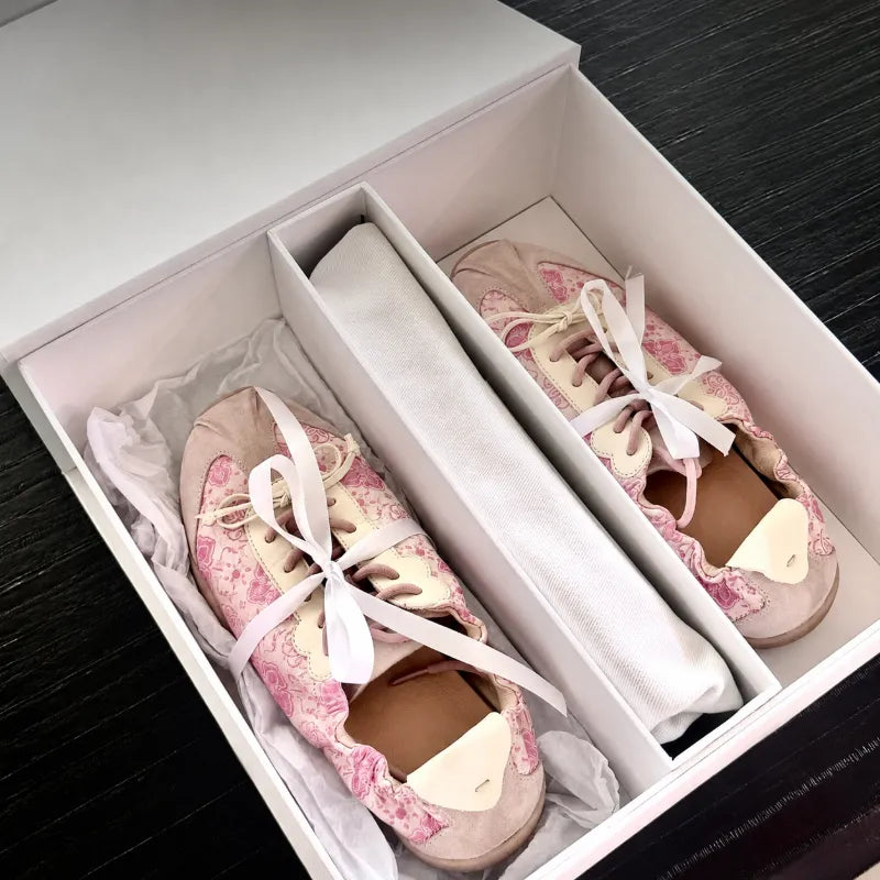 Shu Brocade ballet sneakers presented in elegant gift packaging, showcasing refined Chinese craftsmanship.