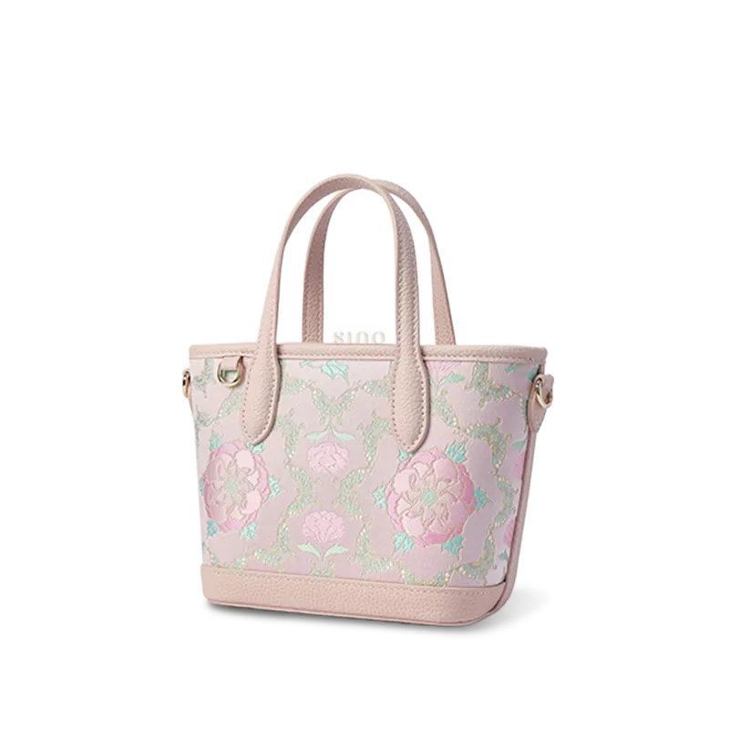 Side profile showing Shu Brocade Butterfly Peony Romance Motif Luxury
crossbody bag depth and silhouette.