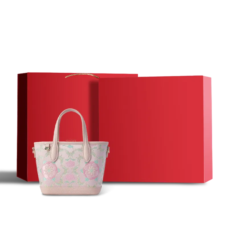 Red gift box for butterfly peony brocade bag.