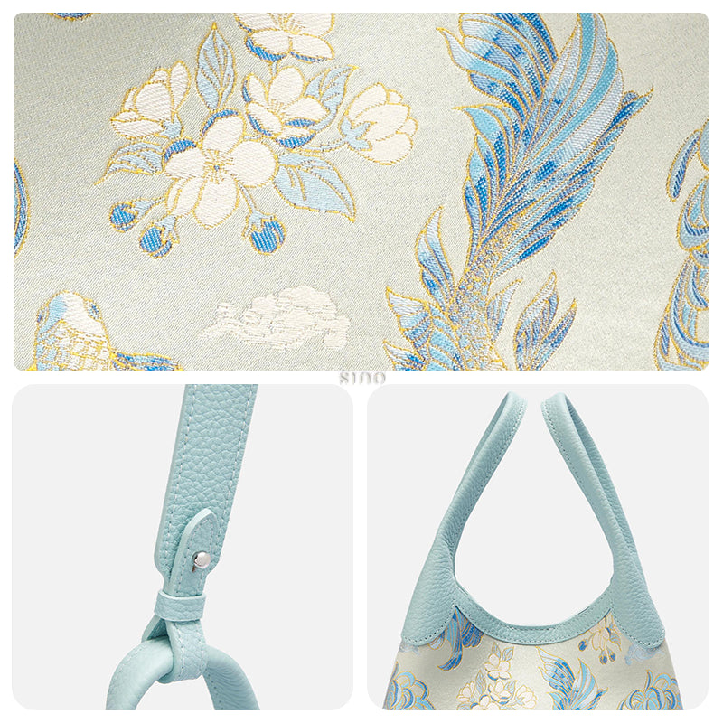 Three-panel detail view of the Luxury Shu Brocade Golden Fish & Flower Leather Basket Tote Bag, showing the woven fish and flower motif, strap hardware, and soft leather handles.