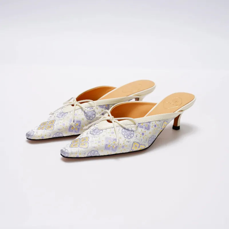 Shu Brocade kitten heel mule shoes with Ruyi Fortune motif and elegant pointed toe design.