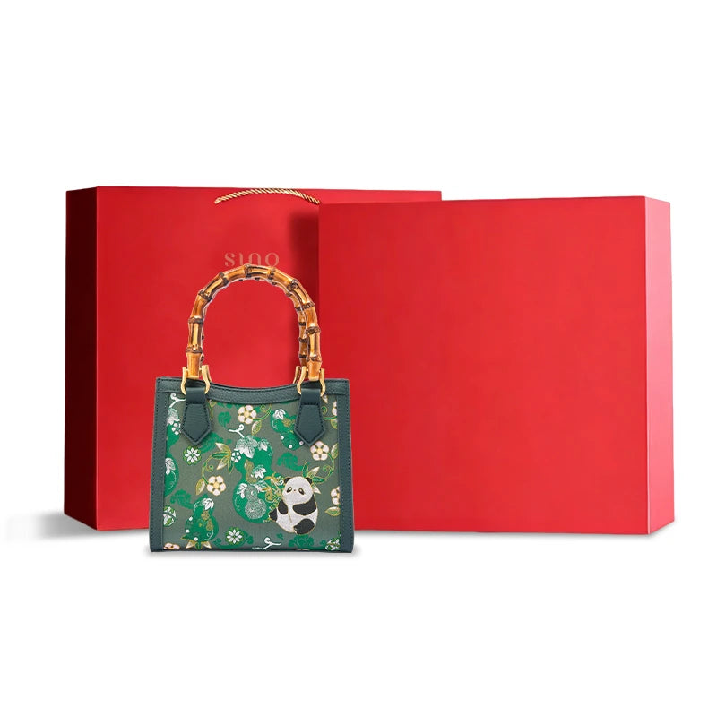 Shu Brocade Panda and Auspicious Gourd bamboo handle handbag with elegant gift packaging for women.