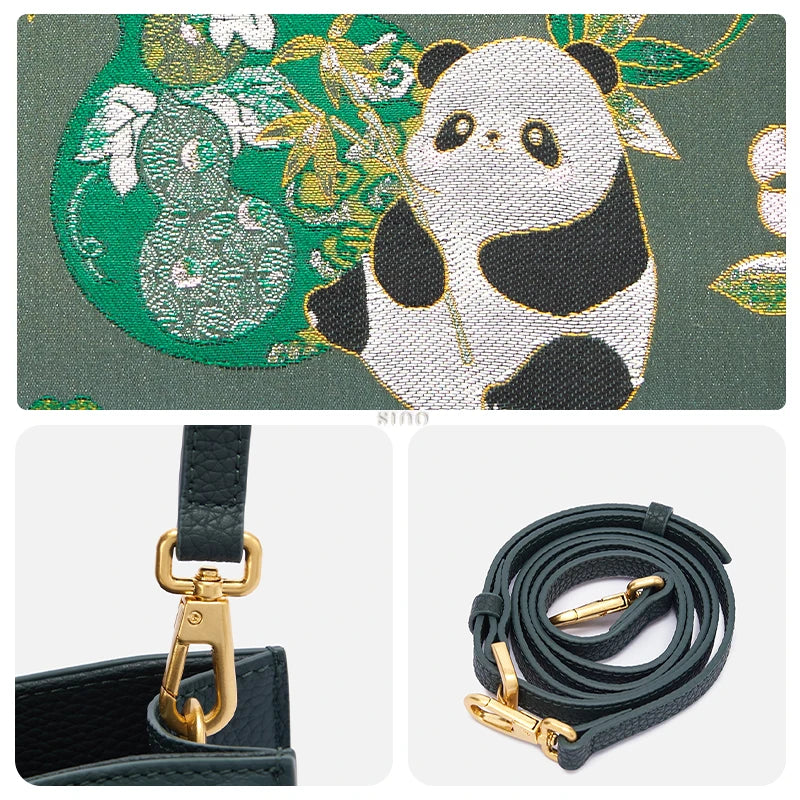 Close-up details of Shu Brocade Panda and auspicious gourd motif, gold hardware, and leather shoulder strap on bamboo handle handbag.