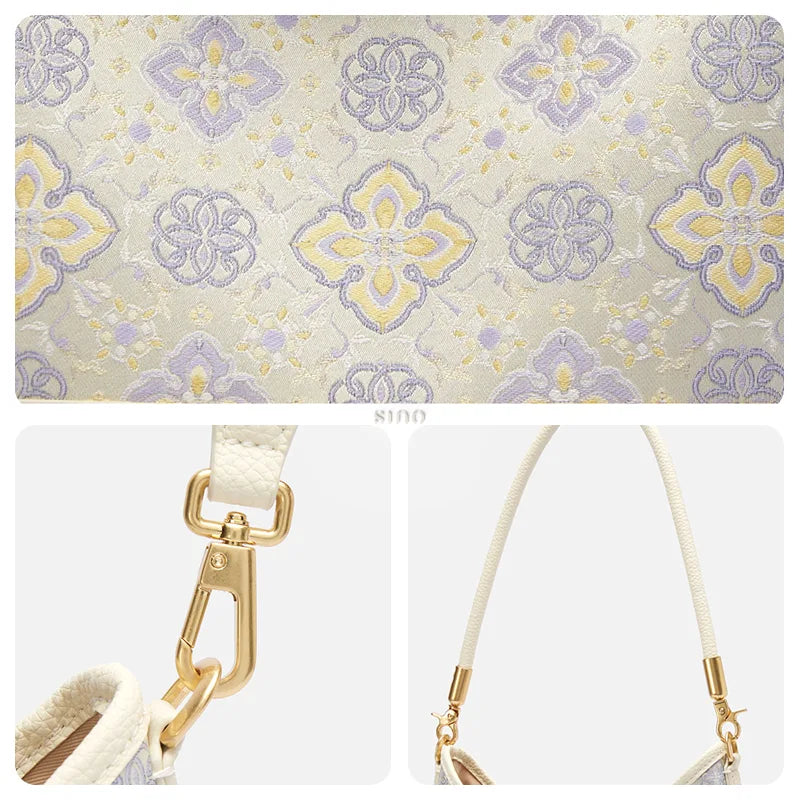 Close-up of the lavender and gold Persimmon Calyx Shu Brocade motif, leather strap, and gold-tone hardware.