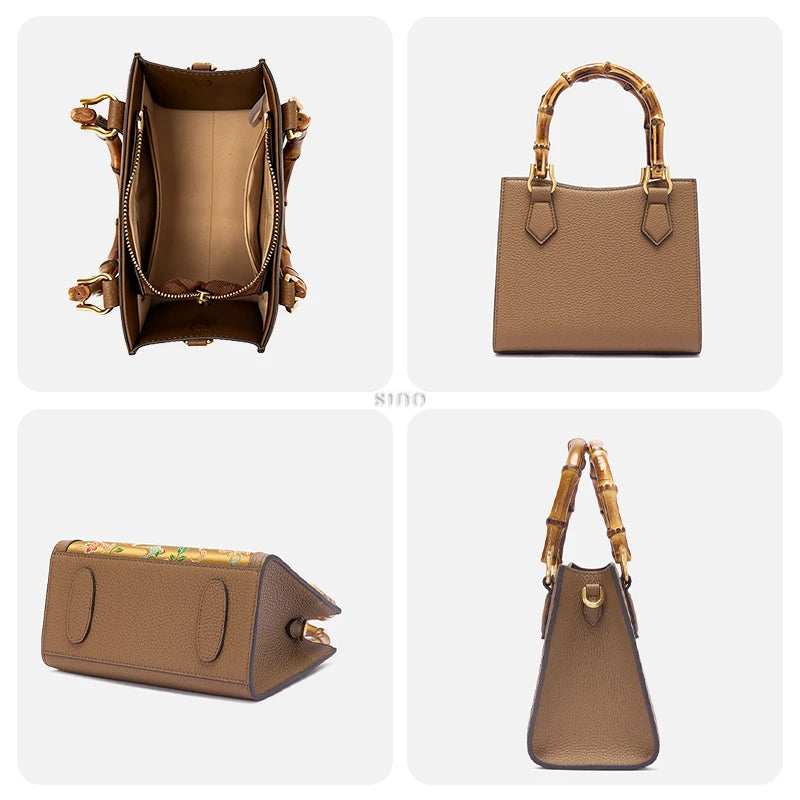 Detailed view of Shu Brocade Qilin bamboo handle handbag showing interior space, leather back, side structure, and reinforced bottom design.