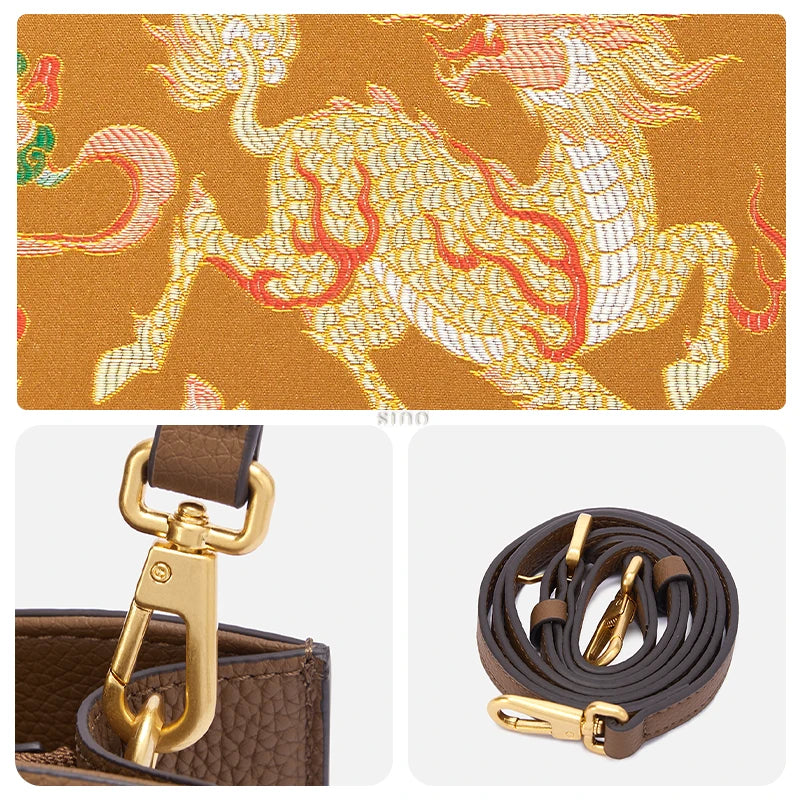 Close-up details of Shu Brocade Qilin motif, gold hardware, and leather shoulder strap on a Chinese inspired bamboo handle handbag.
