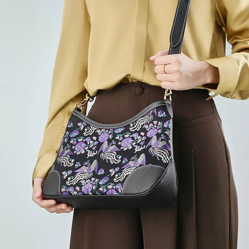 Luxury Shu Brocade Shoulder Bag with Classic Phoenix & Peony Motif - SinoCultural -- FJ110635