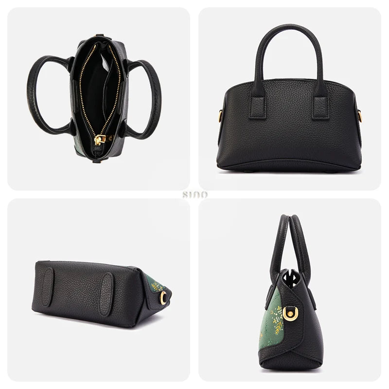 Interior, back, base, and side views of the Luxury Shu Brocade Verdant Layers Leather Top Handle Bag.