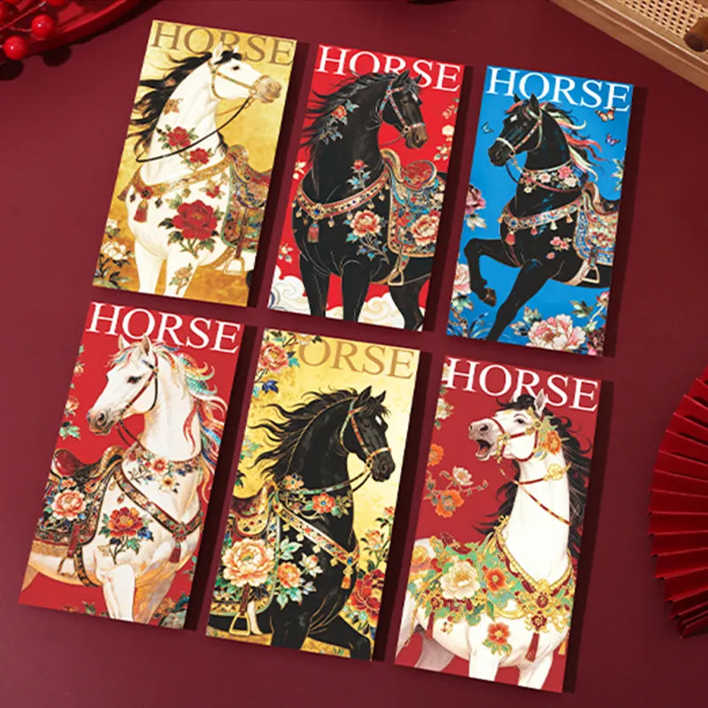 Embroidery detail of auspicious steed on vintage red envelope.