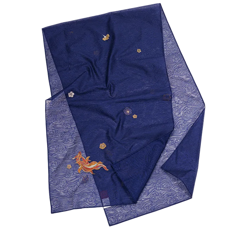Flat-lay product display of the 175 x 50 cm Nanjing Yunjin brocade mulberry silk shawl, featuring a deep blue background, flowing water patterns, fish motifs, and gold-thread accents.