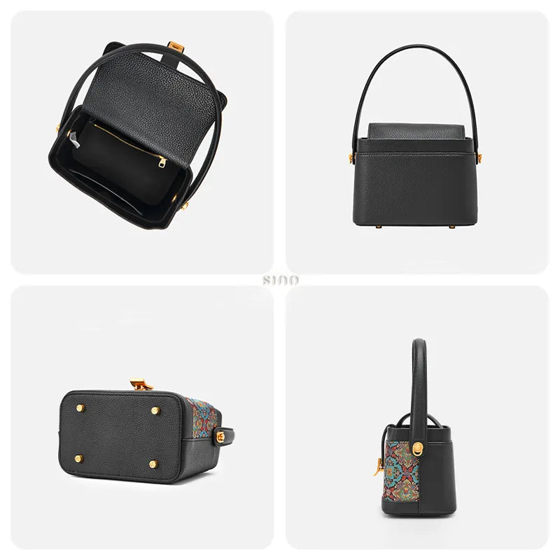 Detail collage: Bag interior, back, base and side views.