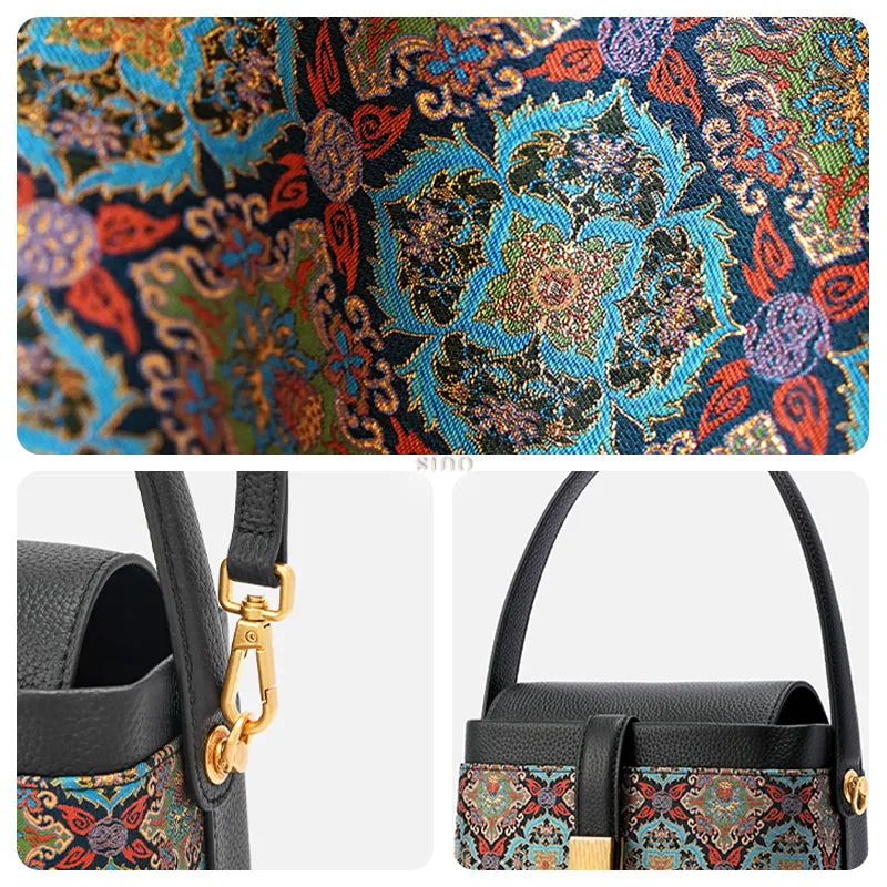 Close-up: Scrolling foliage & lotus song brocade weave, hardware, leather strap.