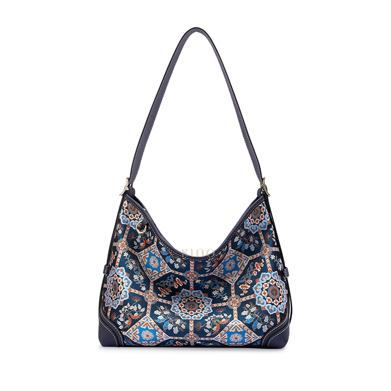 Front view of Luxury Song Brocade Blue Baoxiang Floral Leather Crossbody Bag, showcasing the intricate floral pattern and premium leather.