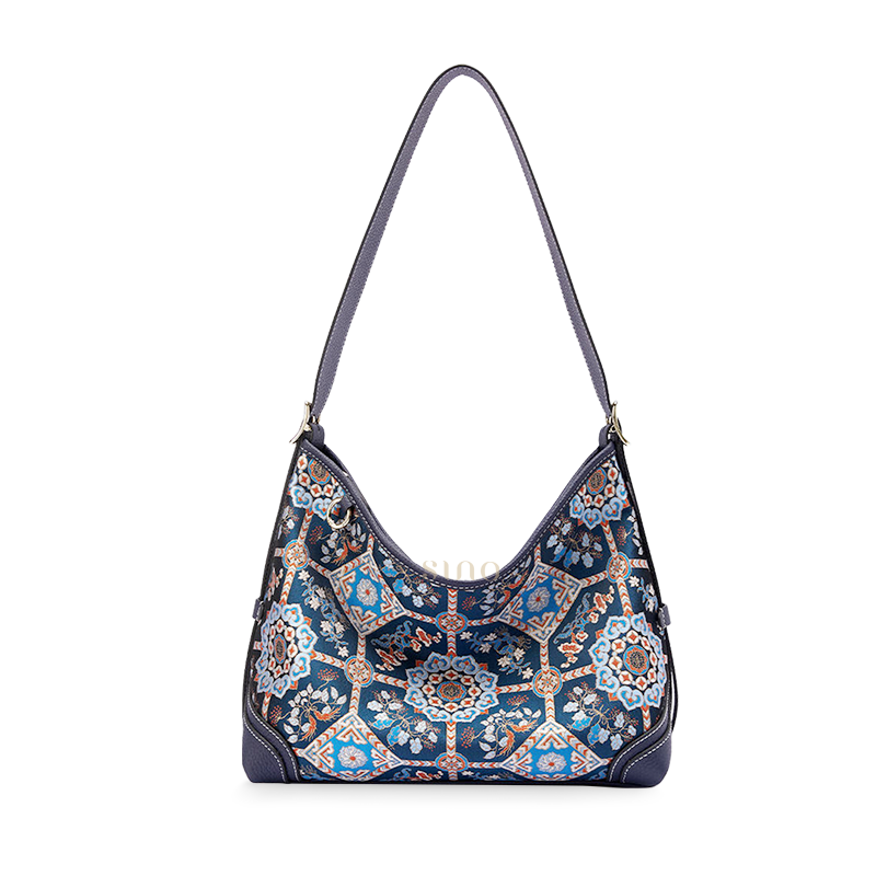 Front view of Luxury Song Brocade Blue Baoxiang Floral Leather Crossbody Bag, showcasing the intricate floral pattern and premium leather.