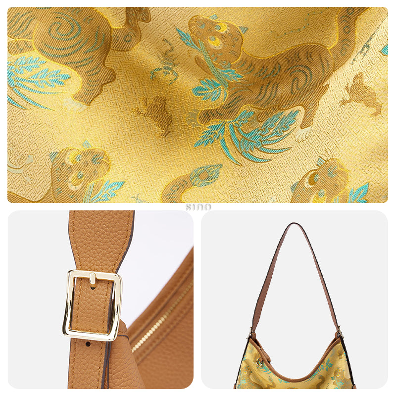 Detail collage of the Song Brocade Brown Tiger Leather Crossbody Bag, showing the tiger brocade fabric, leather strap, metal buckle, and shoulder design.