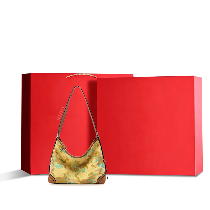 Song Brocade Brown Tiger Leather Crossbody Bag displayed with a red gift box, ideal as a luxury Chinoiserie gift for women.