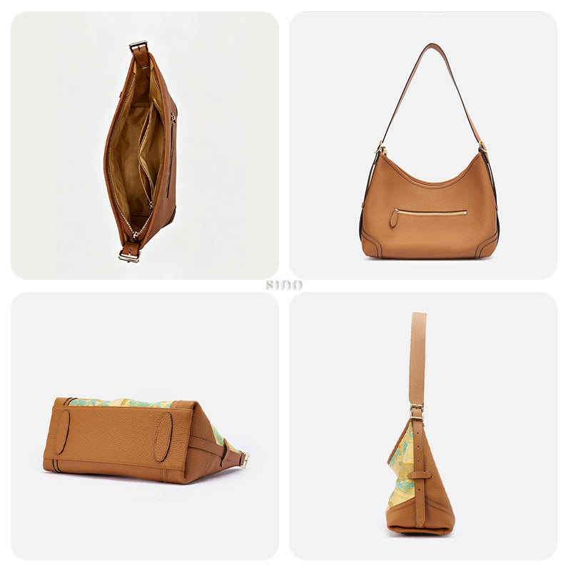 Interior and multi-angle details of the Song Brocade Brown Tiger Leather Crossbody Bag, including inner pockets, back view, bottom view, and side profile.