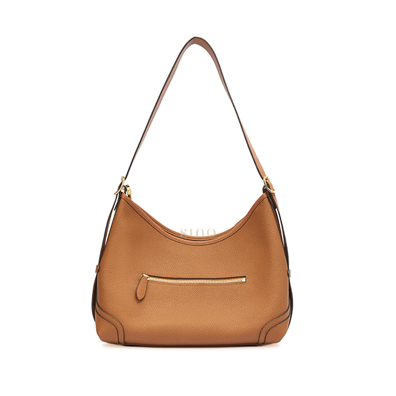 Back view of the Song Brocade Brown Tiger Leather Crossbody Bag with brown leather body and rear zipper pocket.
