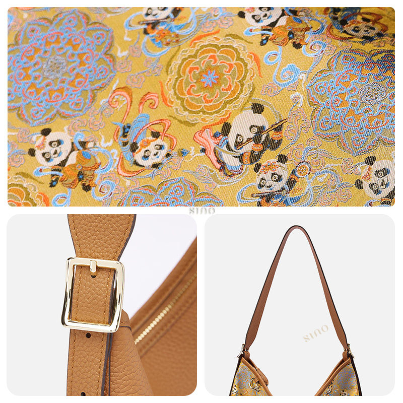 Detail collage of the Song Brocade Chang’an Court Dance Leather Crossbody Bag, showing panda brocade fabric, leather strap, metal buckle, and shoulder design.