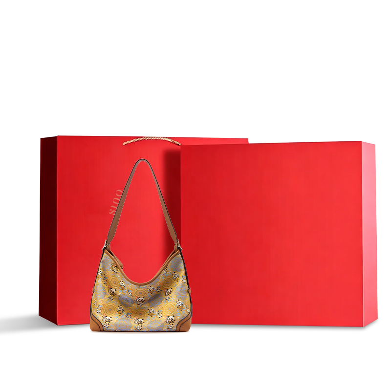 Song Brocade Chang’an Court Dance Leather Crossbody Bag displayed with a red gift box, ideal as a luxury Chinoiserie gift for women.
