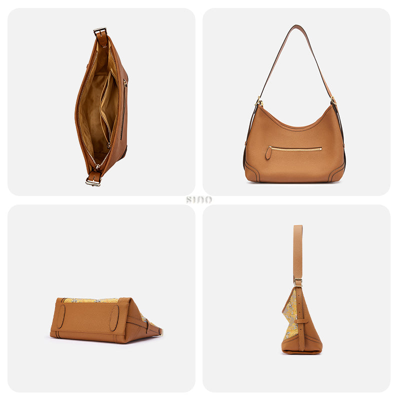 Interior and multi-angle details of the Song Brocade Chang’an Court Dance Leather Crossbody Bag, including inner pockets, back view, bottom view, and side profile.