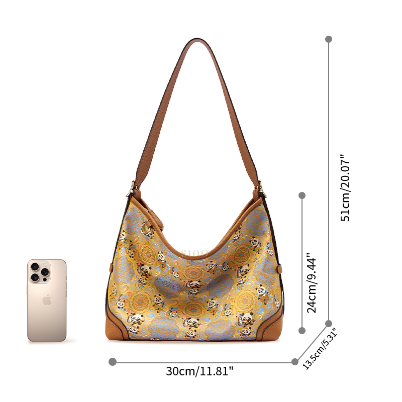 Size reference image of the Song Brocade Chang’an Court Dance Leather Crossbody Bag, showing its structured shape and carrying capacity.