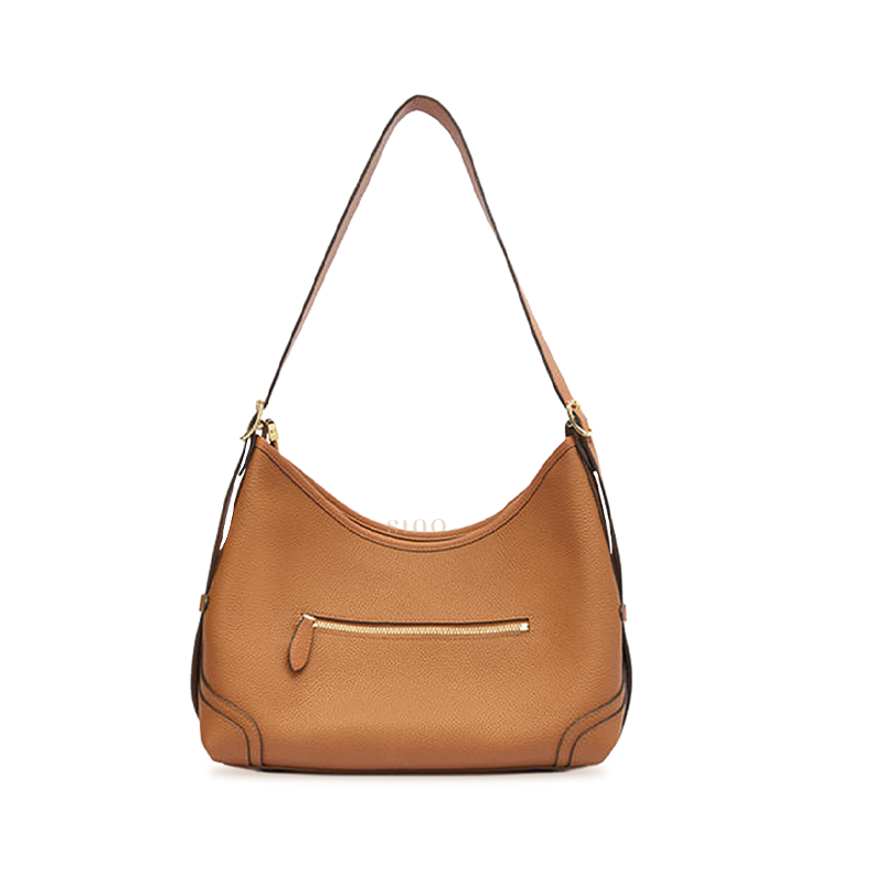 Back view of the Song Brocade Chang’an Court Dance Leather Crossbody Bag with brown leather body and rear zipper pocket.